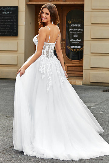Vestido de novia largo de tul largo con corte Corsé Blanco con abertura